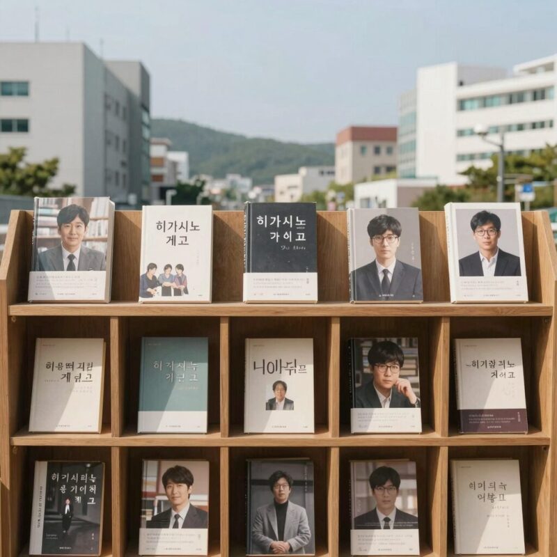 히가시노 게이고 대표 도서들이 책장에 꽂혀 있는 모습, 독서를 권유하는 분위기