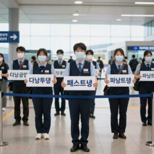 다낭 공항 입국장에서 패스트트랙 안내 피켓을 든 직원 모습
