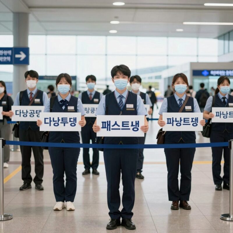 다낭 공항 입국장에서 패스트트랙 안내 피켓을 든 직원 모습