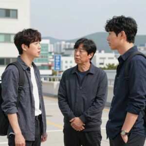허범욱 감독이 촬영 현장에서 배우들과 대화하는 모습