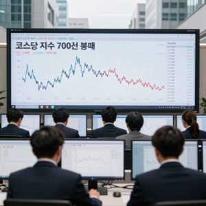 코스닥 지수 700선 붕괴 당시 차트 화면과 투자자 모니터 모습