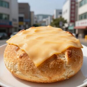 슬랑이 빵 치즈가 접시에 담겨 있고 치즈가 녹아내리는 모습