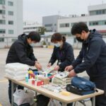 일본 지진 뉴스속보 알림 화면과 함께 대비 물품이 준비된 테이블 사진, 긴급 상황 대처의 중요성을 보여줌