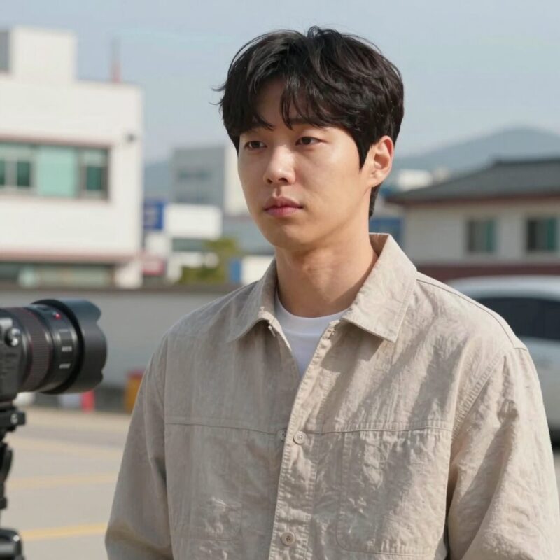 배우 김도훈이 친애하는 X 촬영 현장에서 진지한 표정을 짓고 있는 모습