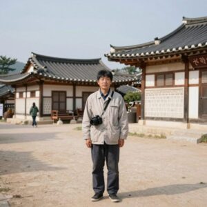 타임슬립 천일야사 시간 여행자가 조선 시대 전통 마을을 배경으로 서 있는 모습