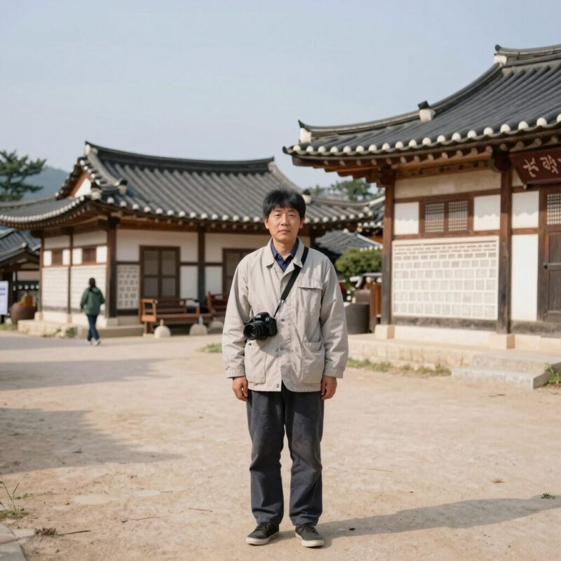 타임슬립 천일야사 시간 여행자가 조선 시대 전통 마을을 배경으로 서 있는 모습