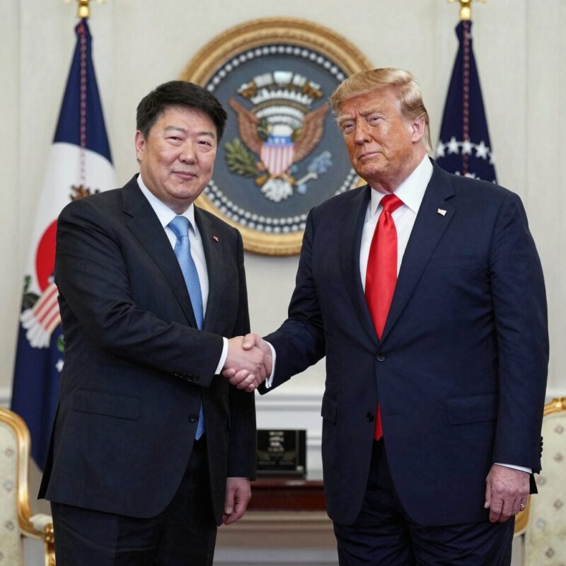 트럼프와 네타냐후가 백악관에서 악수하며 회담을 시작하는 모습, 중동 평화를 상징하는 올리브 가지 배경