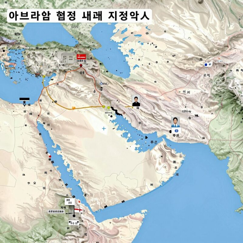 아브라함 협정 체결국과 이란의 지정학적 위치를 보여주는 중동 지도