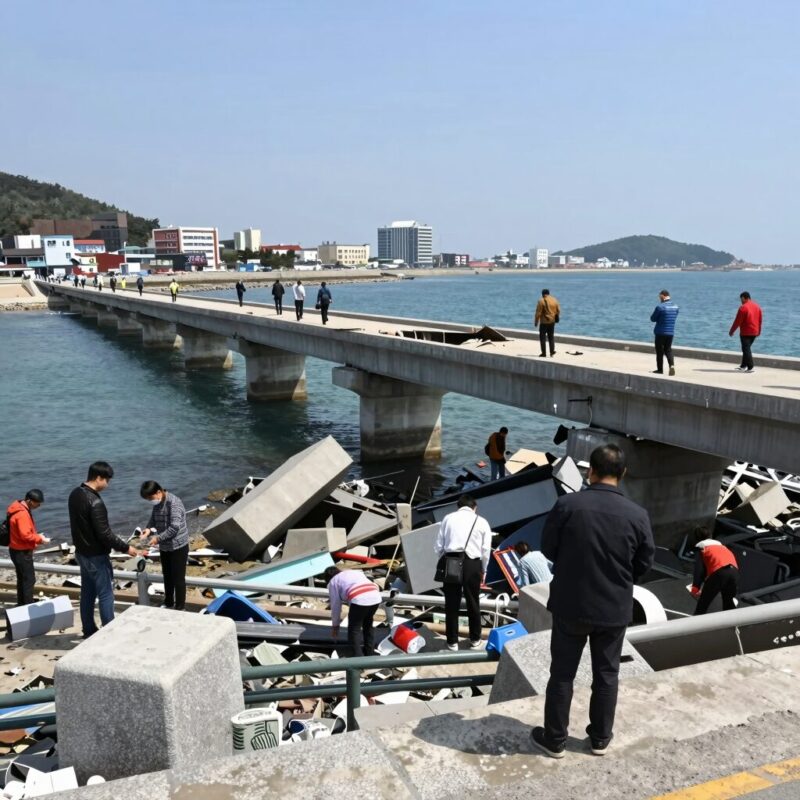 포항 보릿돌교 붕괴 사고 현장으로 다리 중간이 끊겨 바다에 잠긴 모습이 뚜렷하다