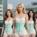 선미 워터밤 무대에서 화이트 레이스 브라톱과 민트 코르셋을 입고 금발 웨이브로 청량미를 뽐내는 모습
