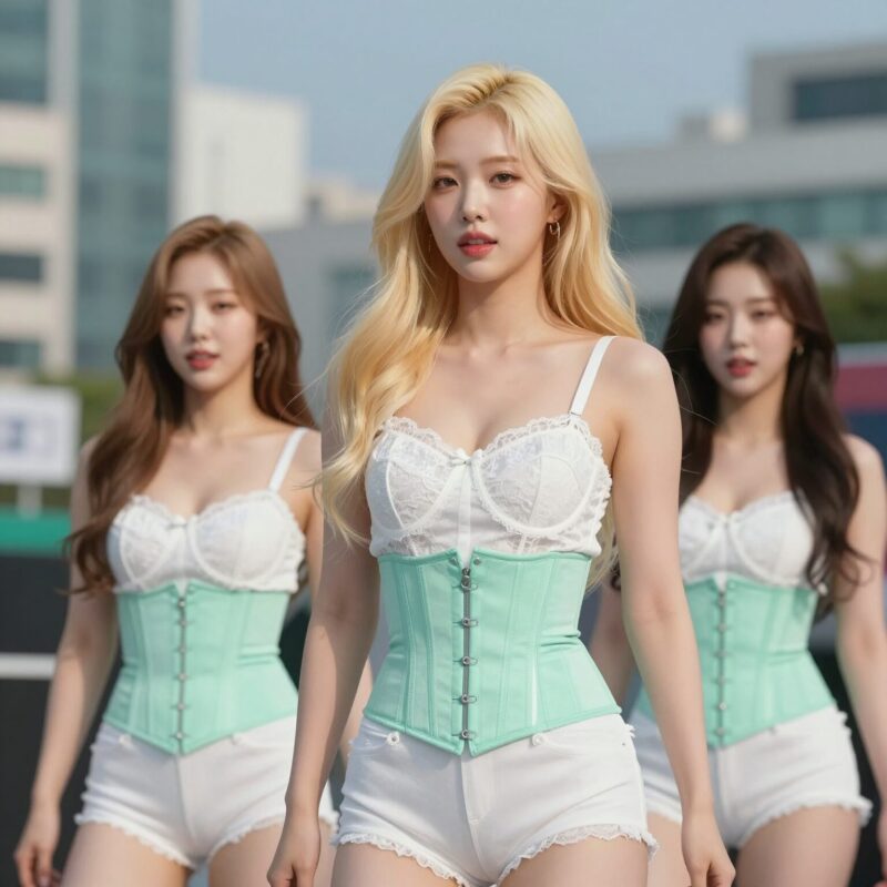 선미 워터밤 무대에서 화이트 레이스 브라톱과 민트 코르셋을 입고 금발 웨이브로 청량미를 뽐내는 모습