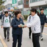 김지숙 시의원이 지역 주민들과 함께 플로깅 활동을 하는 모습. 그녀는 밝은 미소로 주민들과 소통하며 환경 보호의 중요성을 강조하고 있다.