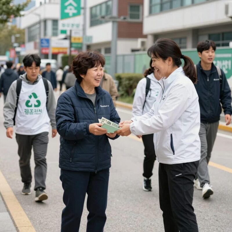 김지숙 시의원이 지역 주민들과 함께 플로깅 활동을 하는 모습. 그녀는 밝은 미소로 주민들과 소통하며 환경 보호의 중요성을 강조하고 있다.