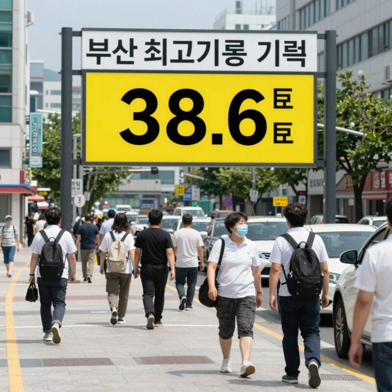 부산 최고기온 기록 38.6도를 나타내는 폭염 경보 상황