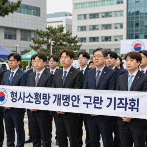 국민의힘 법사위원들이 형사소송법 개정안 규탄 기자회견을 하는 모습