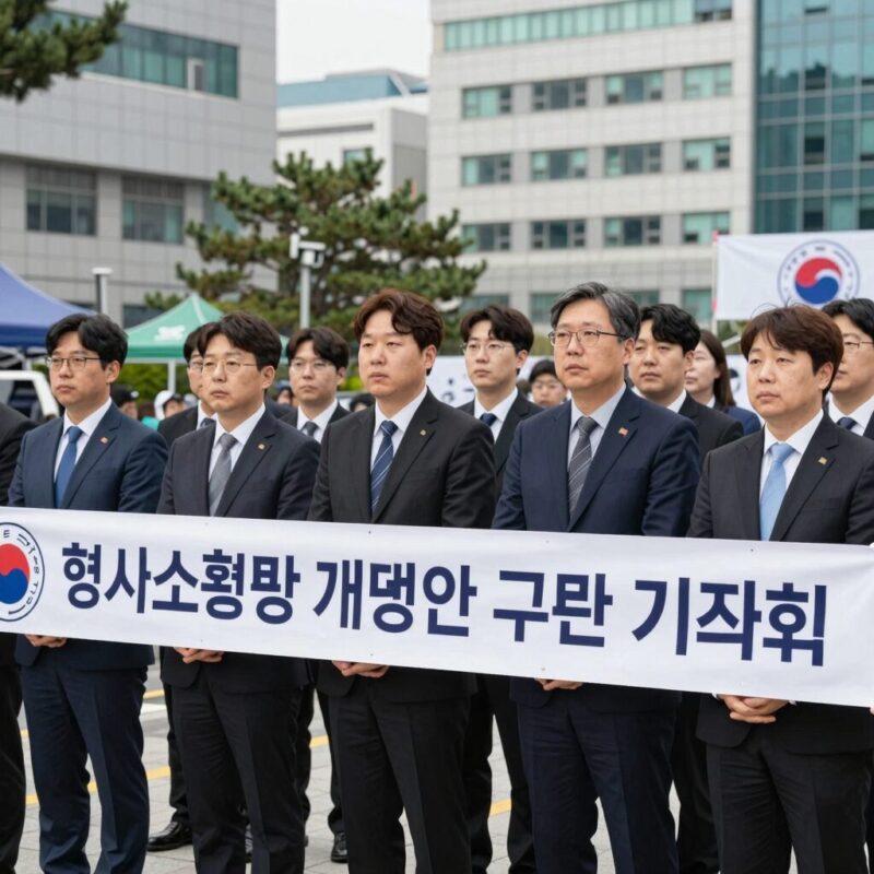 국민의힘 법사위원들이 형사소송법 개정안 규탄 기자회견을 하는 모습