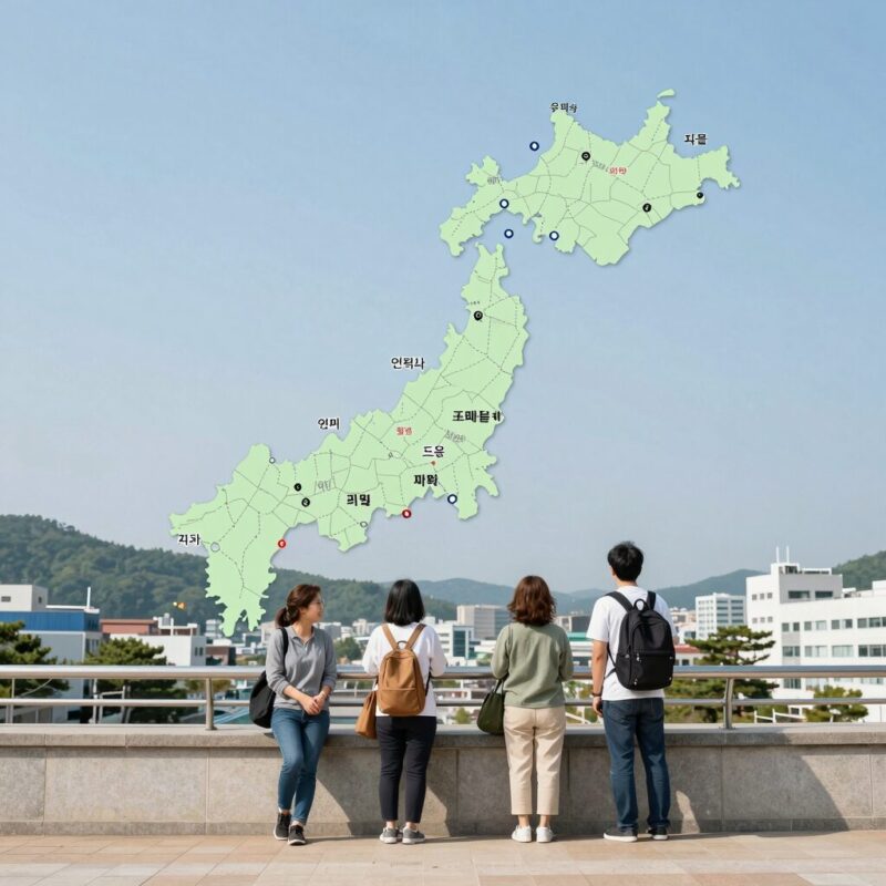 구마모토현 지도를 펼쳐 여행 계획을 세우는 모습