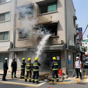 판교 아브뉴프랑 식당 화재 현장에서 소방관들이 진화 작업을 하는 모습, 연기가 2층 창문으로 뿜어져 나오고 있다