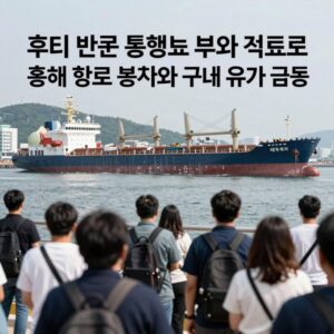 후티 반군 통행료 부과 검토로 인한 홍해 항로 봉쇄와 국제 유가 급등, 해상 운임 상승의 관계를 보여주는 인포그래픽