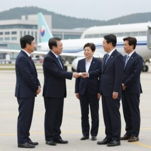 이 대통령 칠레 출국 공항에서 환송 인사