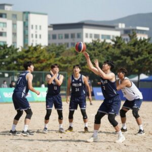 PBA 투어 경기장에서 선수들이 큐를 잡고 있는 모습