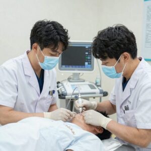 신장분사치료 시술 장면 의료진이 초음파 유도하에 바늘을 삽입하는 모습