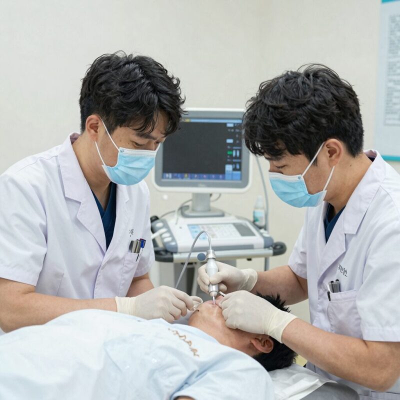 신장분사치료 시술 장면 의료진이 초음파 유도하에 바늘을 삽입하는 모습