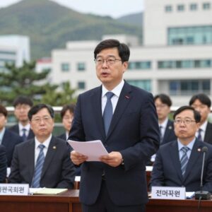 조계원 국회의원이 전남광주통합특별시당 위원장 선거 출마 기자회견에서 발언하고 있는 모습