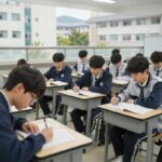 무학여고 교정에서 학생들이 조별 과제를 토론하는 모습