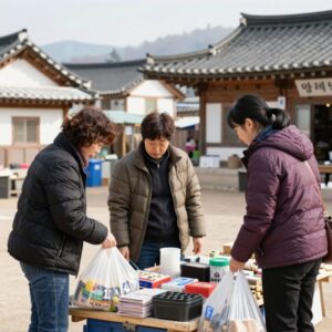 언니네 산지직송 3 멤버들이 시골 장터에서 물건을 판매하고 있는 모습
