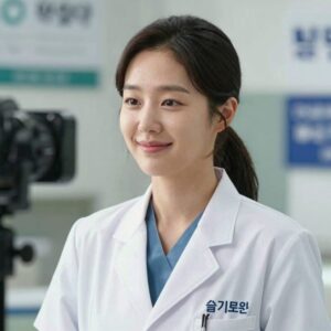 김선영 배우가 카메라를 바라보며 부드럽게 웃고 있는 모습, 그녀의 대표 드라마 슬기로운 의사생활 속 의사 복장을 하고 있다.