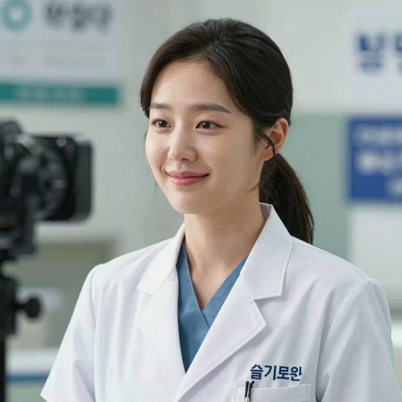 김선영 배우 연기 인생과 대표작 총정리 1 김선영 배우가 카메라를 바라보며 부드럽게 웃고 있는 모습, 그녀의 대표 드라마 슬기로운 의사생활 속 의사 복장을 하고 있다.