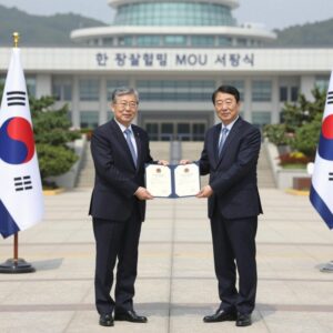 한-칠레 광물협력 MOU 서명식 장면으로 양국 장관이 문서를 교환하고 있다
