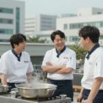 정호영 셰프가 JTBC 냉장고를 부탁해에서 동료 셰프들과 대화하며 웃고 있는 모습