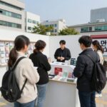 다이클로 오프라인 공동구매 200호점 다이클로 오프라인 공동구매 매장에서 미디어 보드와 공동구매 상품을 살펴보는 모습