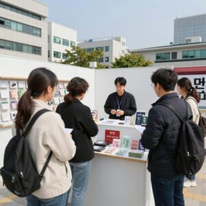 다이클로 오프라인 공동구매 매장에서 미디어 보드와 공동구매 상품을 살펴보는 모습