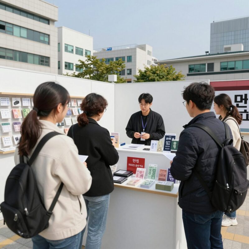 다이클로 오프라인 공동구매 200호점 1 다이클로 오프라인 공동구매 매장에서 미디어 보드와 공동구매 상품을 살펴보는 모습