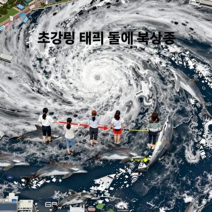 초강력 태풍 돌핀이 북상 중인 위성 영상과 예상 경로를 보여주는 안내 이미지
