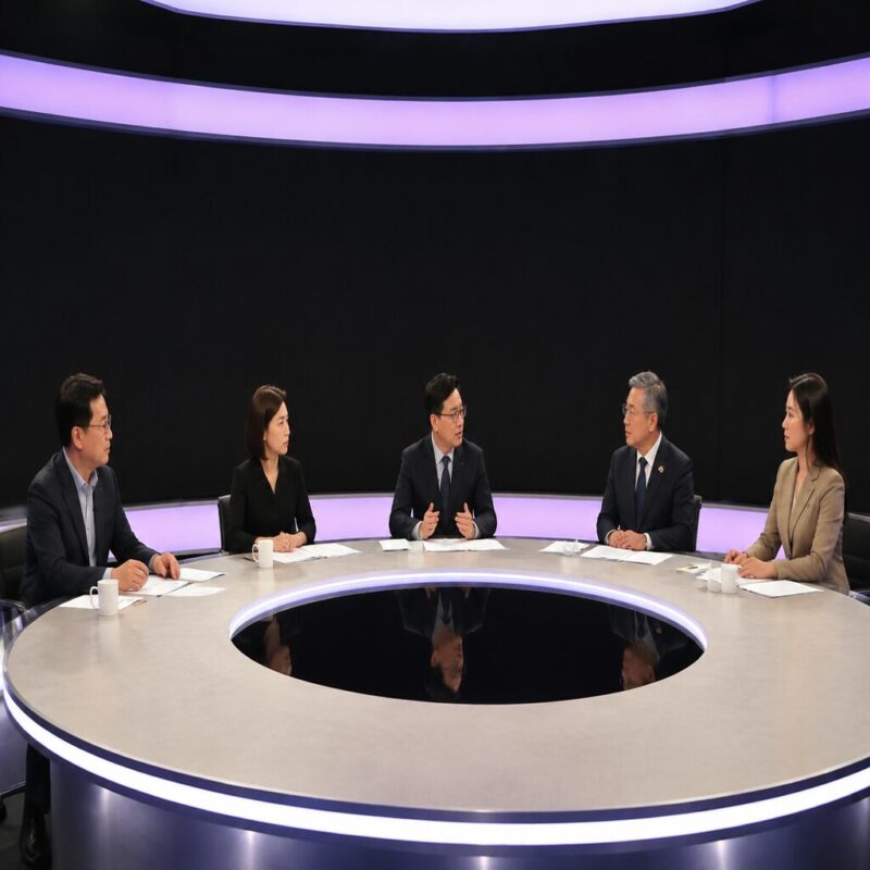 100분토론 출연자들이 패널로 앉아 토론하는 모습