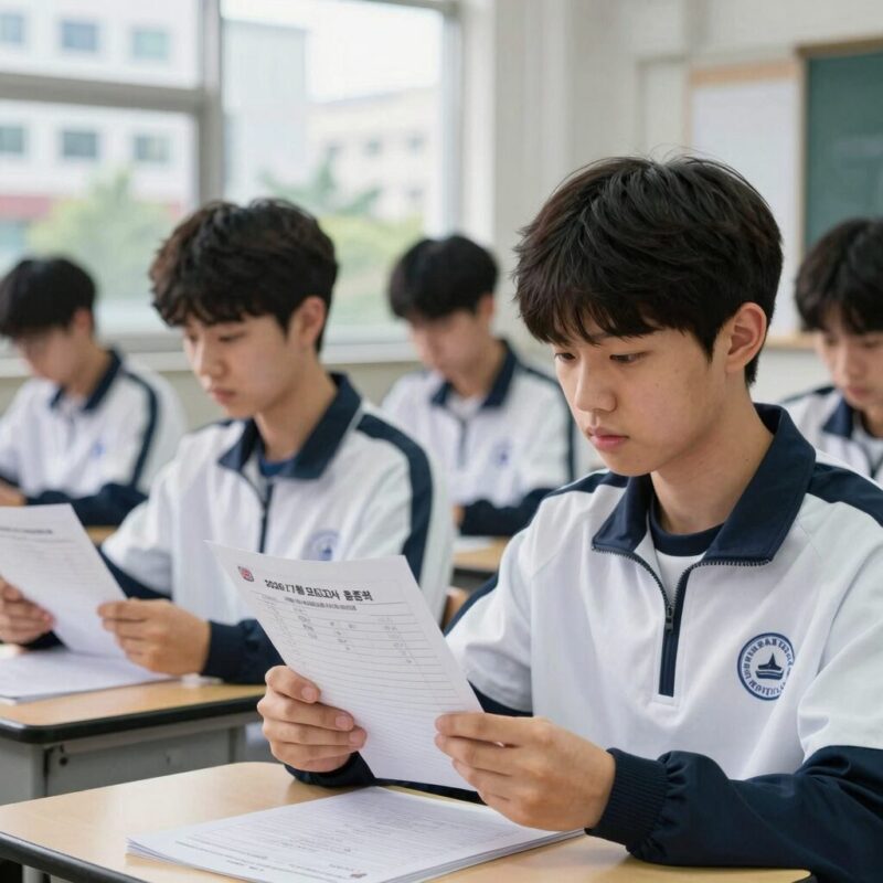 2026년 7월 모의고사 등급컷 분석 전략 이미지 - 시험지와 성적표를 보고 있는 수험생
