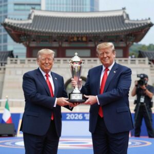 2026 북중미 월드컵 결승 시상식에서 트럼프 대통령이 우승팀 주장과 함께 트로피를 들어 올리는 모습