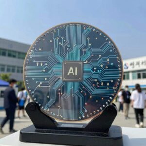 AI 반도체 투자 개념 이미지로, 반도체 웨이퍼 위에 AI 회로 패턴이 빛나는 모습