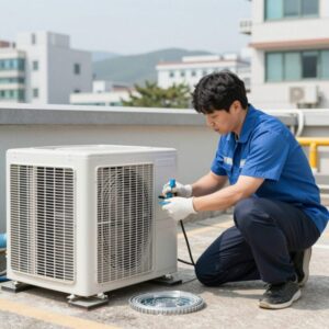 에어컨 배관 점검 장비로 누설 확인하는 전문가