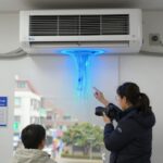 에어컨 제습모드 냉방 효과와 전기세 진실 에어컨 제습모드 작동 시 열화상카메라로 측정한 온도 분포로, 토출구 부분이 파란색으로 낮은 온도를 나타냄