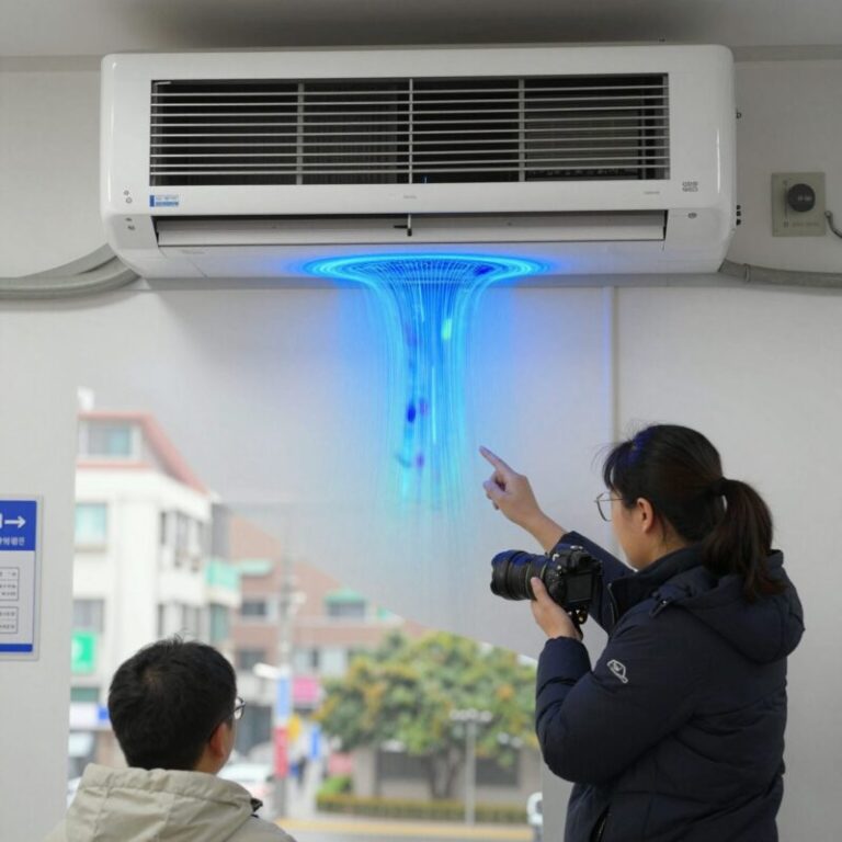 에어컨 제습모드 작동 시 열화상카메라로 측정한 온도 분포로, 토출구 부분이 파란색으로 낮은 온도를 나타냄