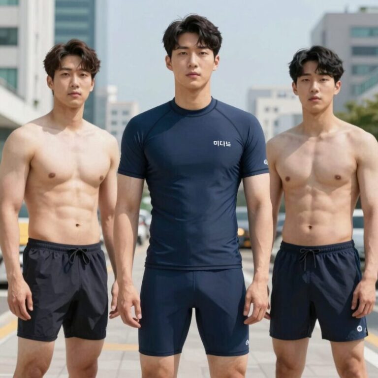 안다르 남자 스윔팬츠와 래쉬가드 세트 착용 모습