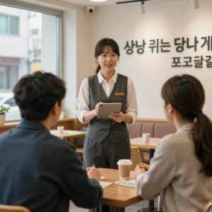 사장님 귀는 당나귀 귀 프로그램에서 아나운서가 카페 운영 중 손님과 대화하는 장면