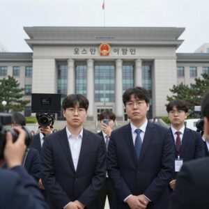오스틴 보스가 법원 앞에서 취재진에 둘러싸여 있는 모습