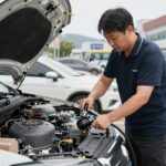 자동차 에어컨 누수방지제를 가스 충전 중인 모습