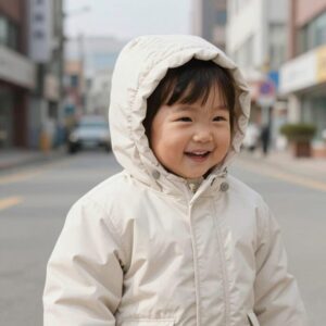 후드가 달린 아기비치가운을 입고 있는 아이가 따뜻하게 웃고 있는 모습